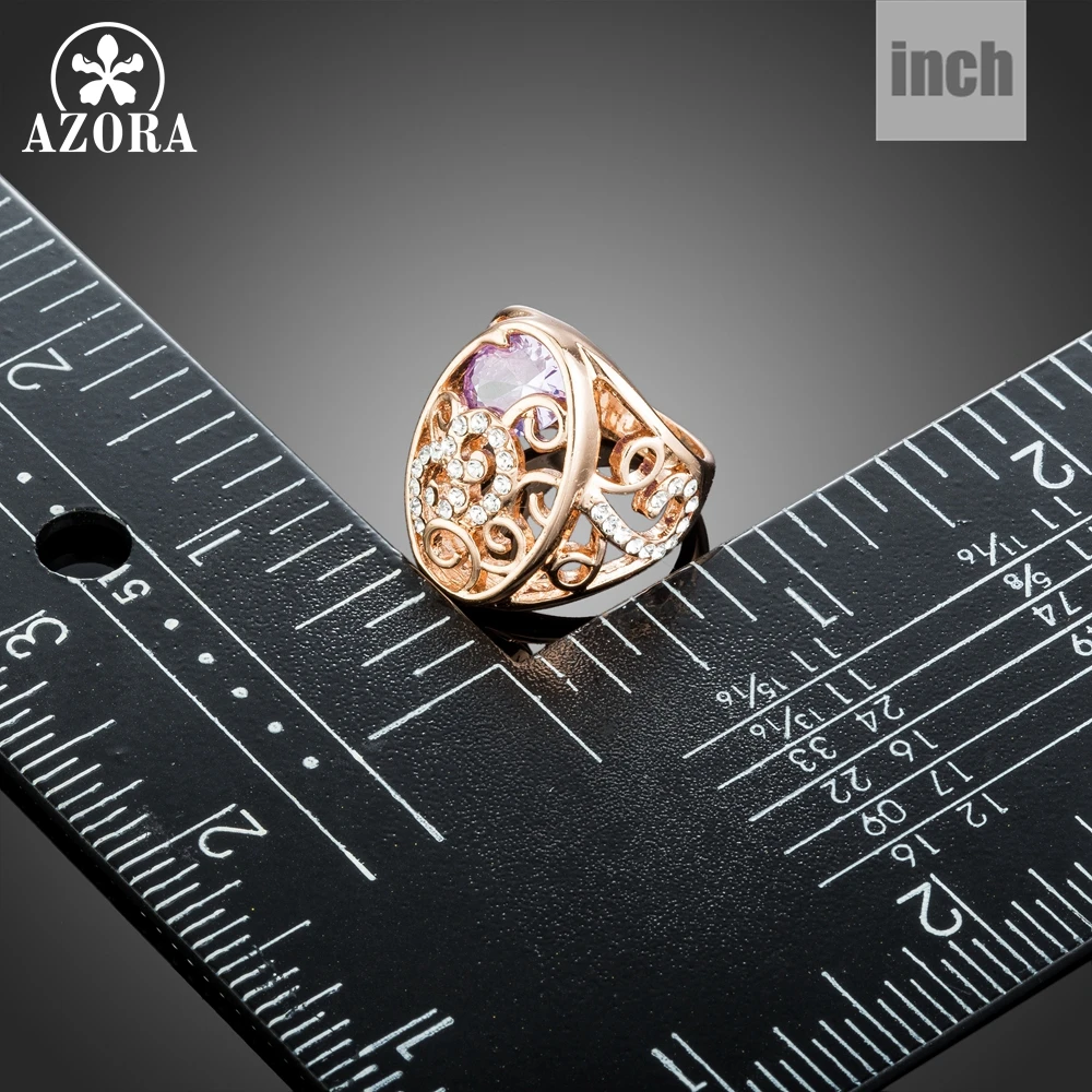 AZORA Rose Gold Color Geometric Ancient Pattern Purple Zirconia Finger Rings for Women Wedding Engagement Jewelry Gift TR0221