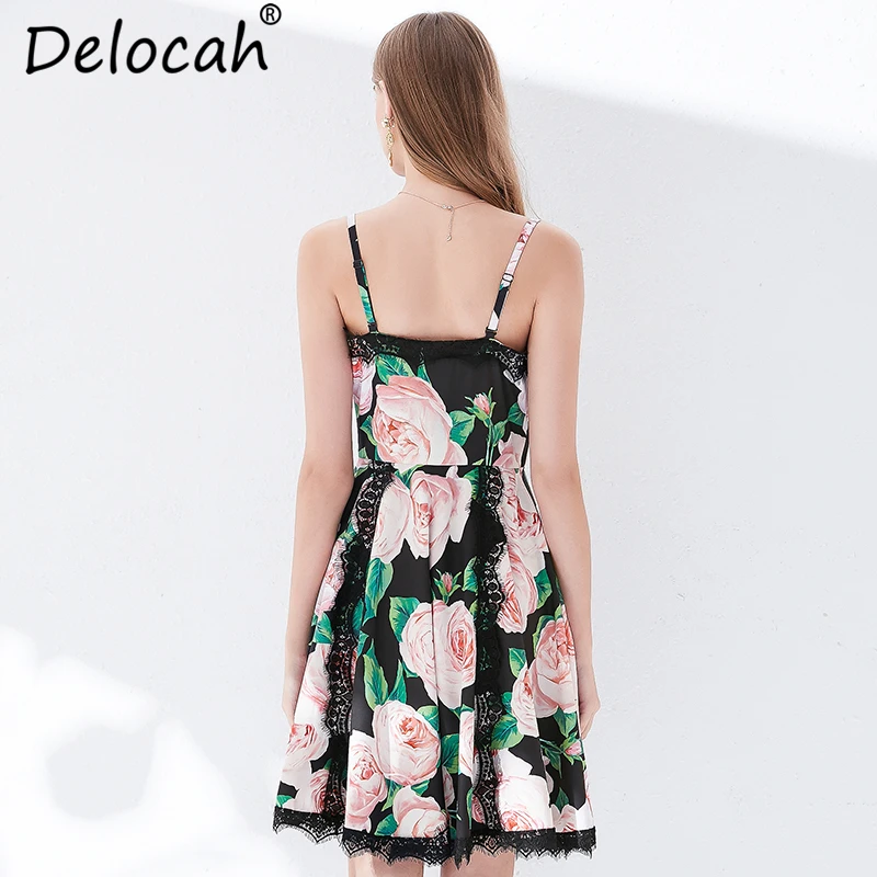 Delocah Women Summer Spaghetti Strap Dress Runway Fashion Designer Sexy Backless Lace Floral Print Elegant Casual Holiday Dress
