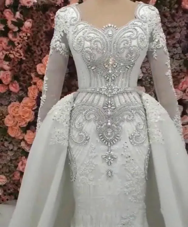 Luxury Mermaid Beaded Crystals Wedding Dresses With Detachable Skirt 2019 Vintage Long Sleeve Rhinestones Long Dubai Arabic Robe Gown BC1366  399 (5)