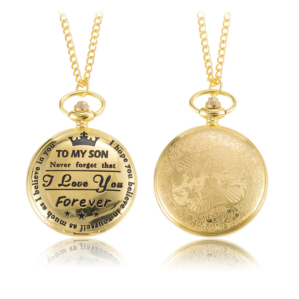 

1pc Men Women Electronic Pocket Watch TO MY SON Carved Case with Chain TT@88