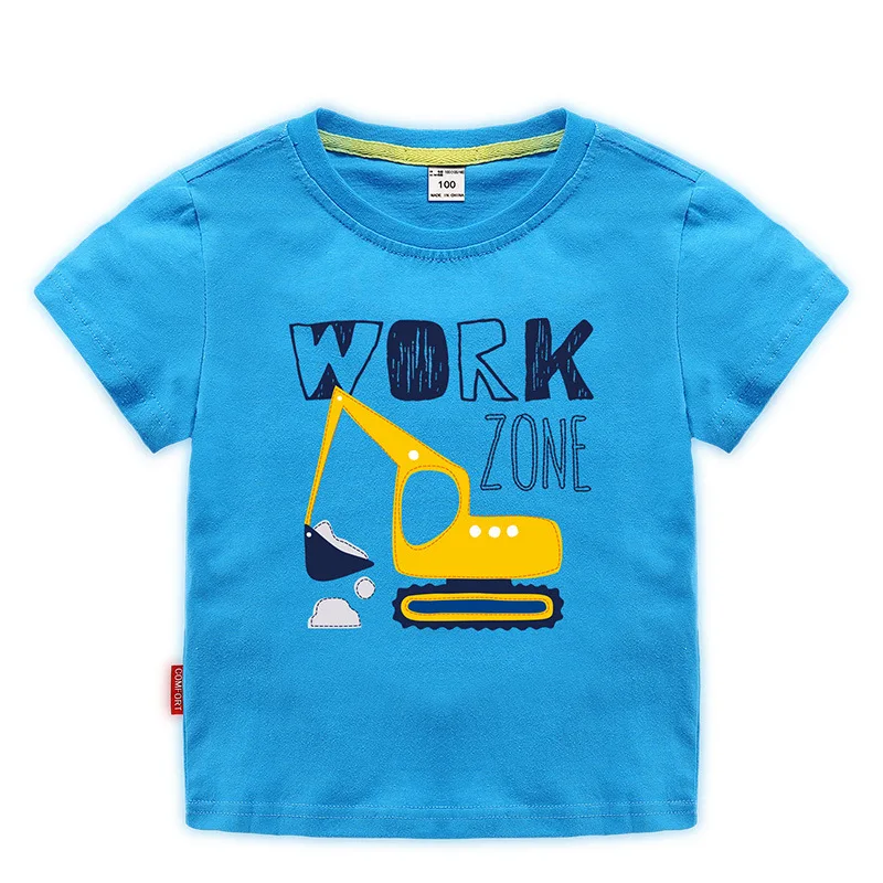 

2019 summer new boys and girls T-shirt child fun digging machine round neck loose 100% cotton cartoon T shirt