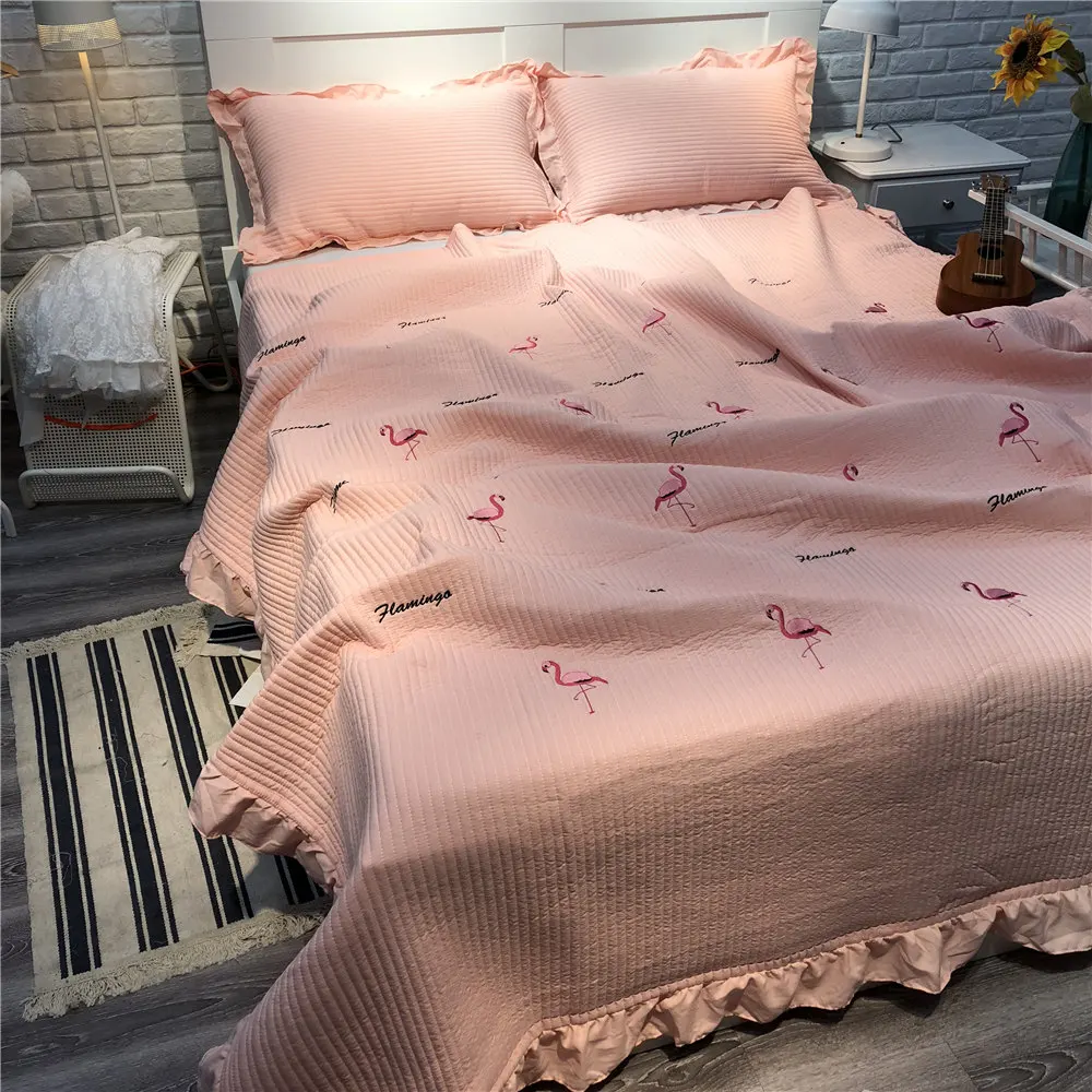 Flamingo Bed Cover Jacquard Frilled Bedspread Coverlet Pink