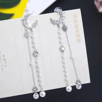 

Bling Luxury Crystal Star Moon Earrings for Women Girls Long Pearl Pendant Drop Dangle Earring Wedding Party Jewelry 5C3011