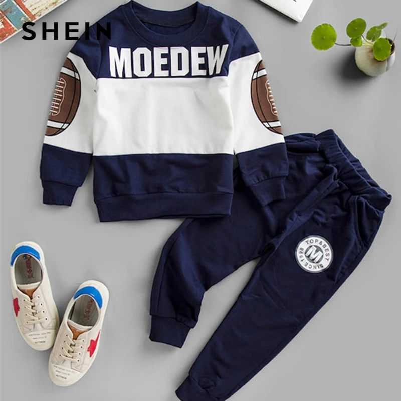 SHEIN/Детский свитер с буквенным принтом и зауженные штаны комплект из двух предметов для мальчиков, г. Весенний повседневный костюм с длинными рукавами, комплект для детей