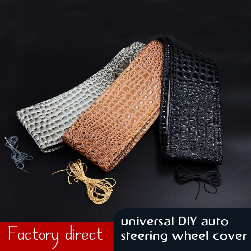 

New DIY Car Steering Wheel Cover with Needles Hand Stitched Crocodile Grain Leather Steering Wheel Cover Universal Size 38CM