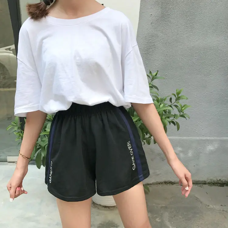 Jielur полосатые шорты с вышивкой и эластичным поясом Свободные шорты M-XXL Женские летние шорты черные женские шорты
