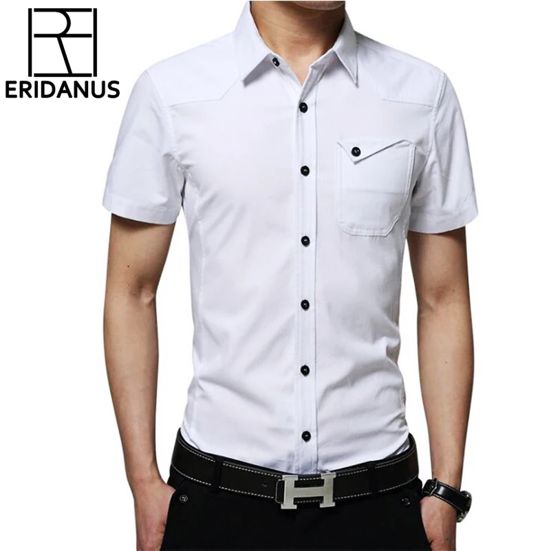 

2017 Spring Brand Men Shirt Slim Fit Short Sleeve Solid Stand Collar Business Casual Social Shirts Dress Male Clothes 3XL X028