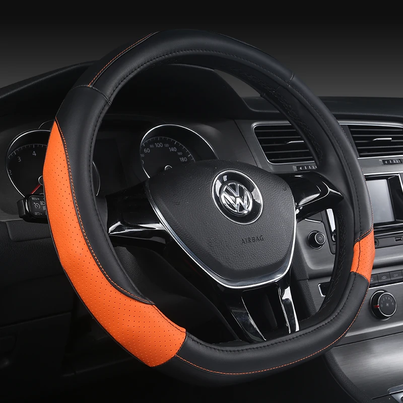 

KKYSYELVA D Shape Steering-Wheel Black Auto Car Steering Wheel Cover Leather 38CM wheel cover Interior accessories