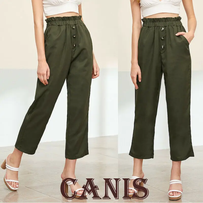 

Women Army Green Plain Frill Waist Button Front Crop Pants Women Loose Wait Leg Pants Ladies Solid Comfort Trousers For Women