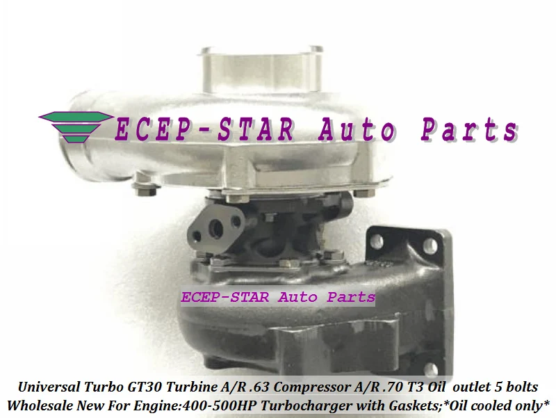 Universal Turbo Turbocharger GT30 Turbine AR .63 Compressor AR .70 T3 Oil cooled outlet 5 bolts 400HP-500HP Gaskets (5)
