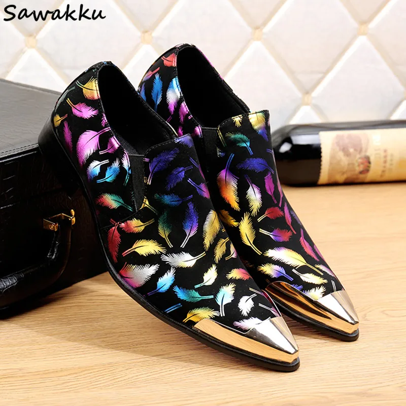 

Italian Design Men Dress Shoes Vintage Genuine Leather Men Shoes Feathers Printed Wedding Handmade Loafers Slip on Men Flats