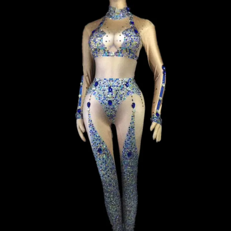 

Women Birthday Celebrate Nightclub DJ Dance Costume Colorful Rhinestones Sexy Bodysuit Female Singer Perspective Jumpsuits