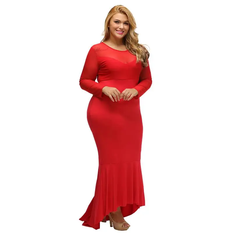 SEBOWEL Pluz Size Long Sleeve Women Bodycon Maxi Party Dress Hi-low Hem Mermaid Oversize Dresses BlackRed XL-XXXL (7)
