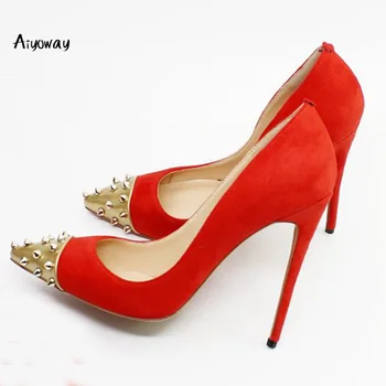 

Punk Rivets High Heels Pumps Pointed Toe Women Ladies Autumn Spring Party Clubwear Shoes Slip-On Red Dark Blue Aiyoway