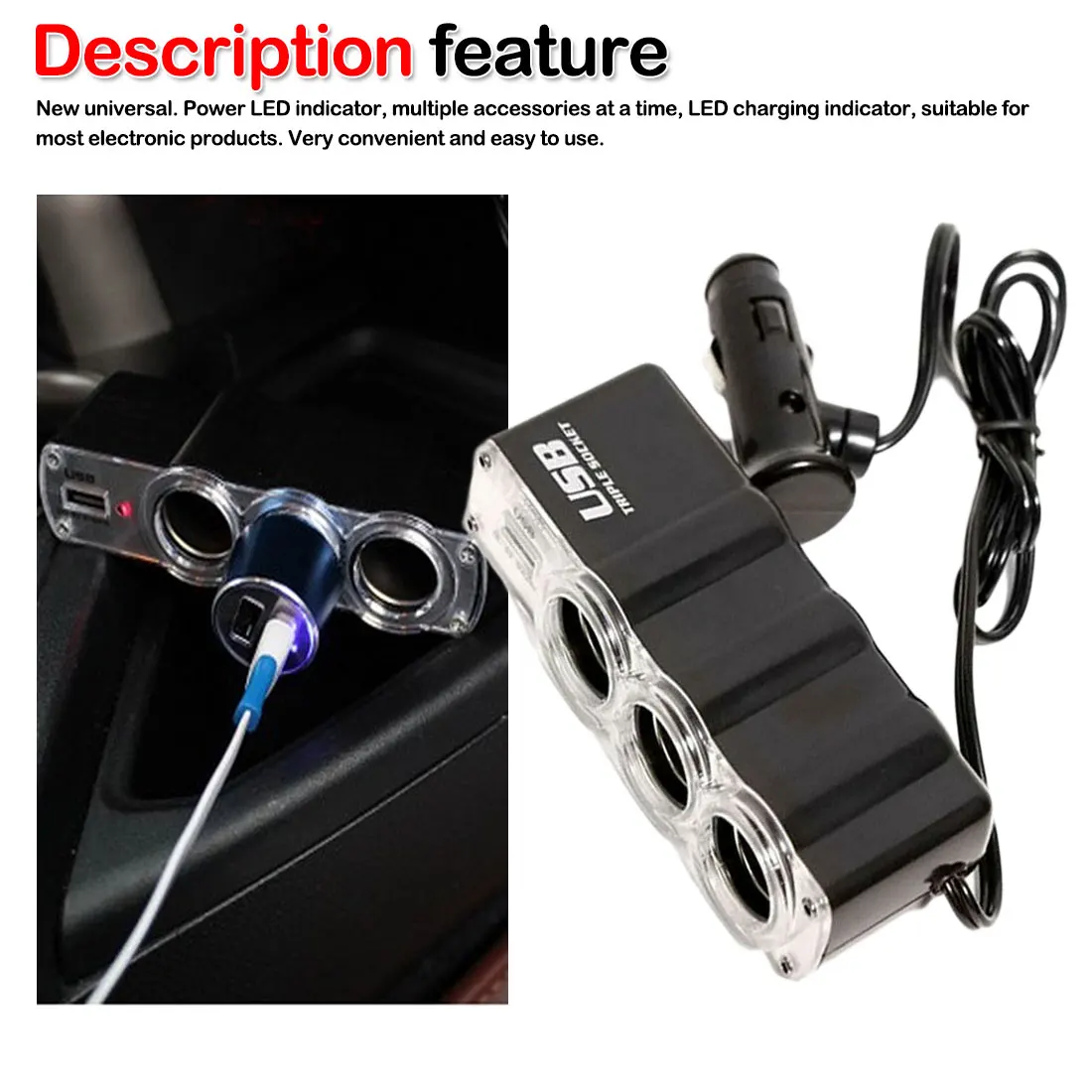 

DC 12V 3 Way Auto Car Cigarette Lighter Multi Socket Splitter USB Charger Power Adapter with USB Port Dewtreetali