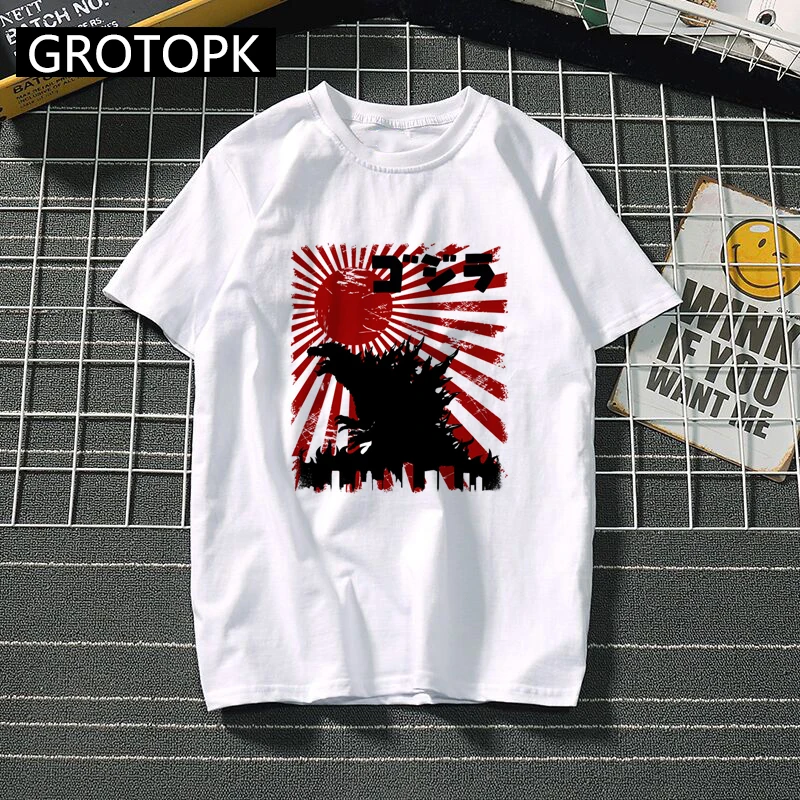 

Japanese Godzilla Harajuku T Shirt Men Summer 2019 White Cotton T-shirt King of The Monsters Print Funny T Shirts Men's Clothing