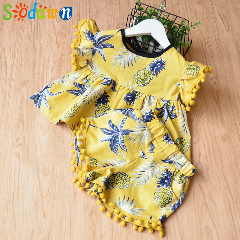

Sodawn Summer 2019 NEW Baby Girls Clothing Suit Pineapple Street Pattern Fringe Cuff Design T-shirt+Shorts Children Clothing