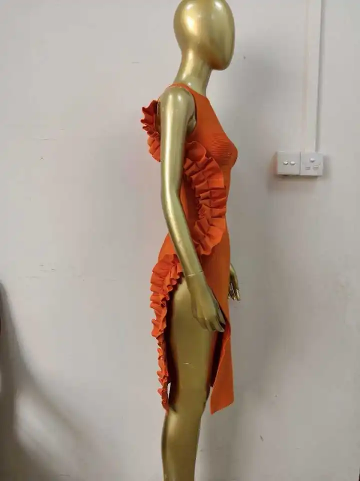 High Quality Orange Sleeveless Ruffles Open Fork Rayon Bandage Dress Homecoming Party Bodycon Dress High Quality Orange Sleeveless Ruffles Open Fork Rayon Bandage Dress Homecoming Party Bodycon Dress