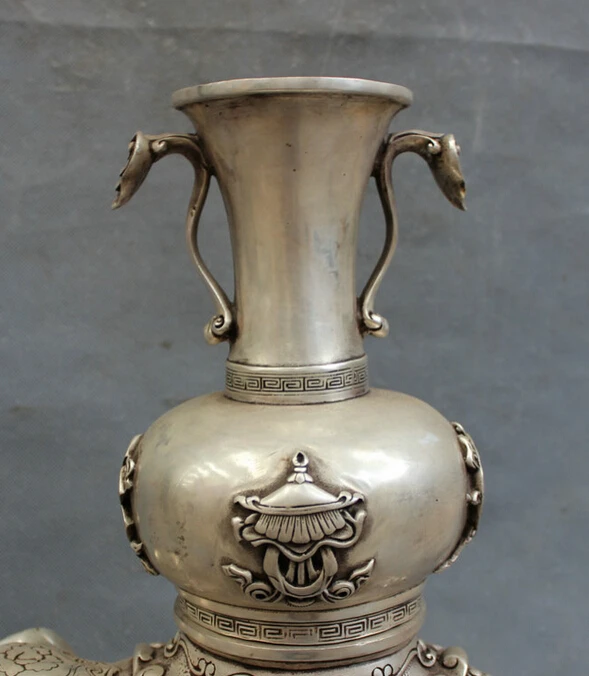 

S5426 17" Chinese Silver Folk Elephant Zun Statue 8 Auspicious Symbol RuYi Pot Vase D0318