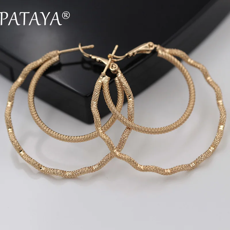 

PATAYA New Arrivals 585 Rose Gold Unique Hyperbole Wavy Dangle Earrings Double Circle Different Size Women Party Luxury Jewelry