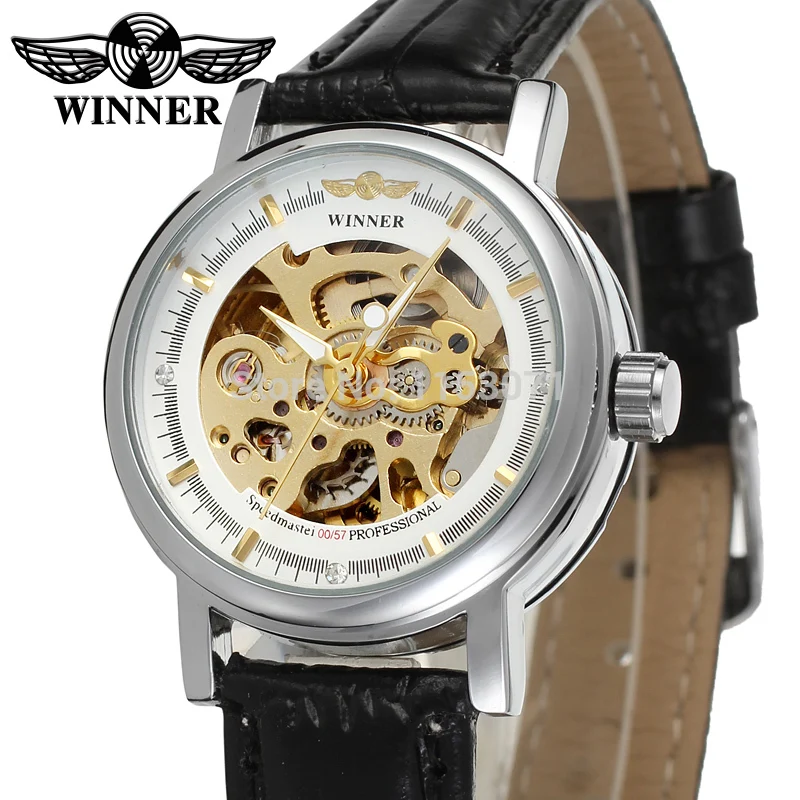 

WRL8048M3S8 Latest Winner Automatic skeleton women silver color with gift box dress watch leather strap factory company
