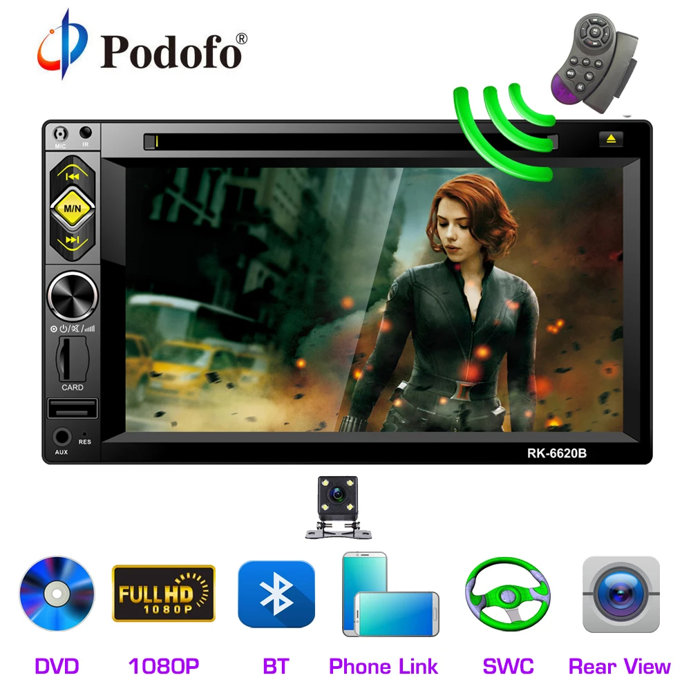 

Podofo 2 din Car Radio 6.2'' Bluetooth FM MP5 DVD CD Stereo Multimedia Player 2DIN Mirror link AUX/USB/SD/TF Input With Camera