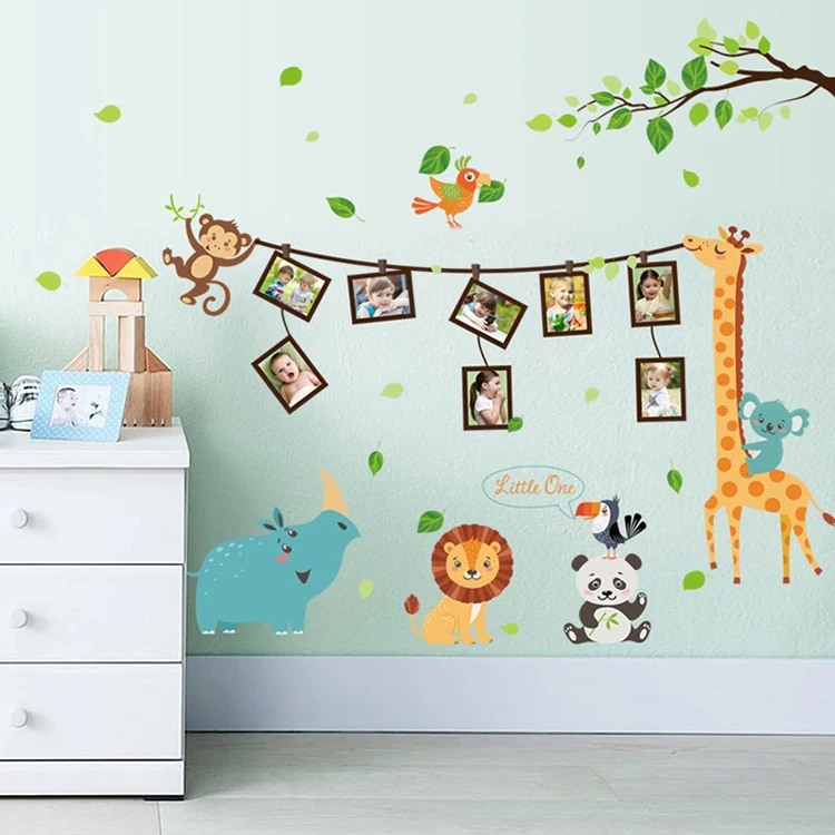 Cartoon animal photo frame large wall stickers animals decals kids room decor bedroom kindergarten school diy removable