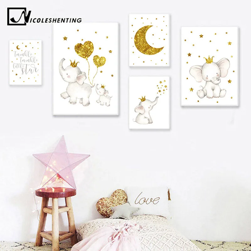

Baby Nursery Wall Art Canvas Poster Print Elephant Animal Minimalist Painting Decorative Picture Nordic Kids Bedroom Decoration