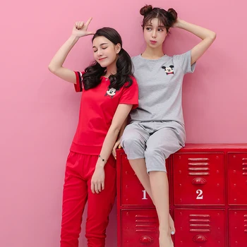 

Summer Short Sleeved Pajamas Women Casual Leisure 100% Cotton Sleepwear Female Lovely Cartoon Pyjamas 2 Piece Suit