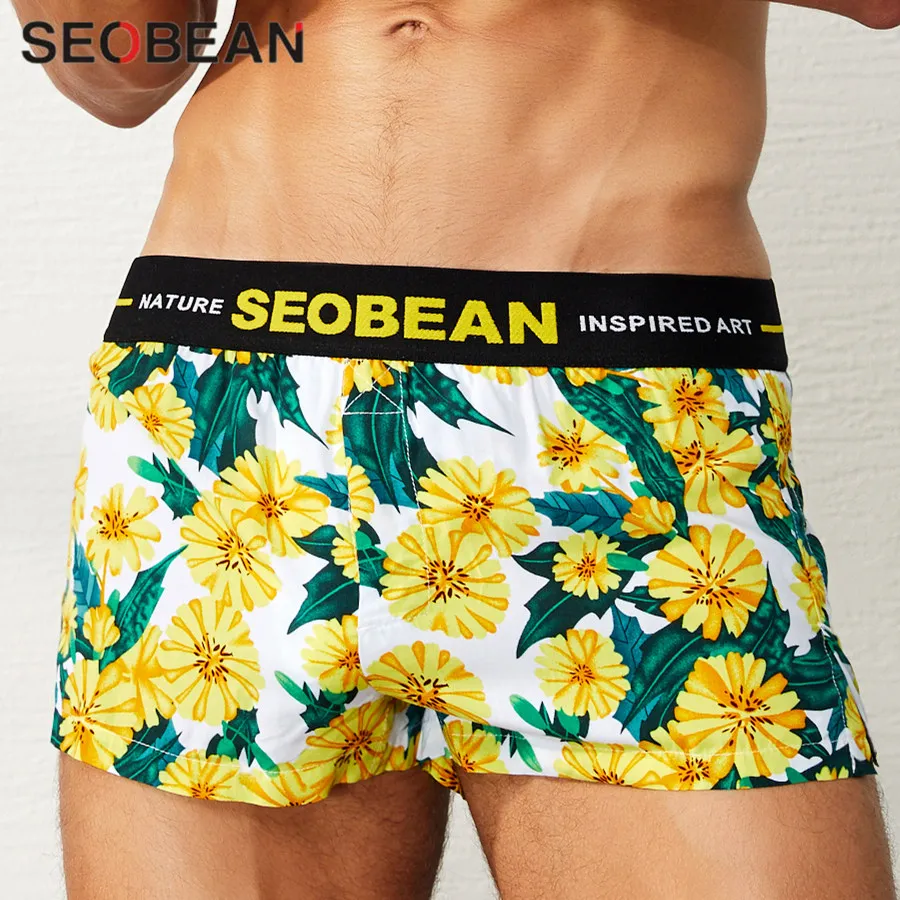 SEOBEAN молодежные модные мужские боксеры, удобное свободное нижнее белье с цветочным принтом, мужские шорты-боксеры, домашние трусы, молодежное нижнее белье