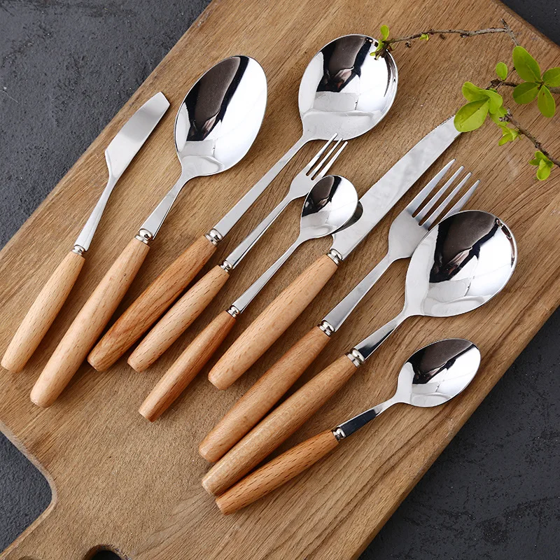 

1pc Wooden Handle Stainless Steel Dinnerware Set Cutlery Set Dinner Fork Knife Spoon Round Oval Spoon Dessert Butter Knife Spoon