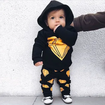 

Autumn Fashion Newborn Boy Clothes 2019 Cotton Diamond pattern Tops Sweatshirt Hooded Long Pants infant Toddler 2Pcs Outfits Set