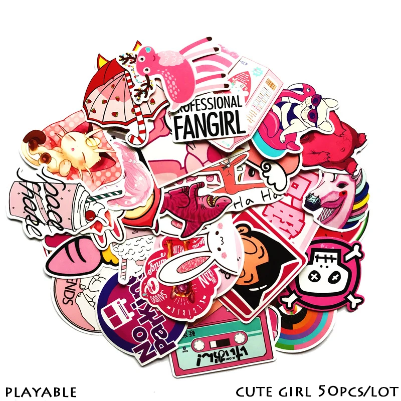 

50pcs Cute Kawaii Cartoon Graffiti Sticker Suitcase Laptop Guitar Luggage Bicycle Waterproof PVC Pink Sticker Gift for Children