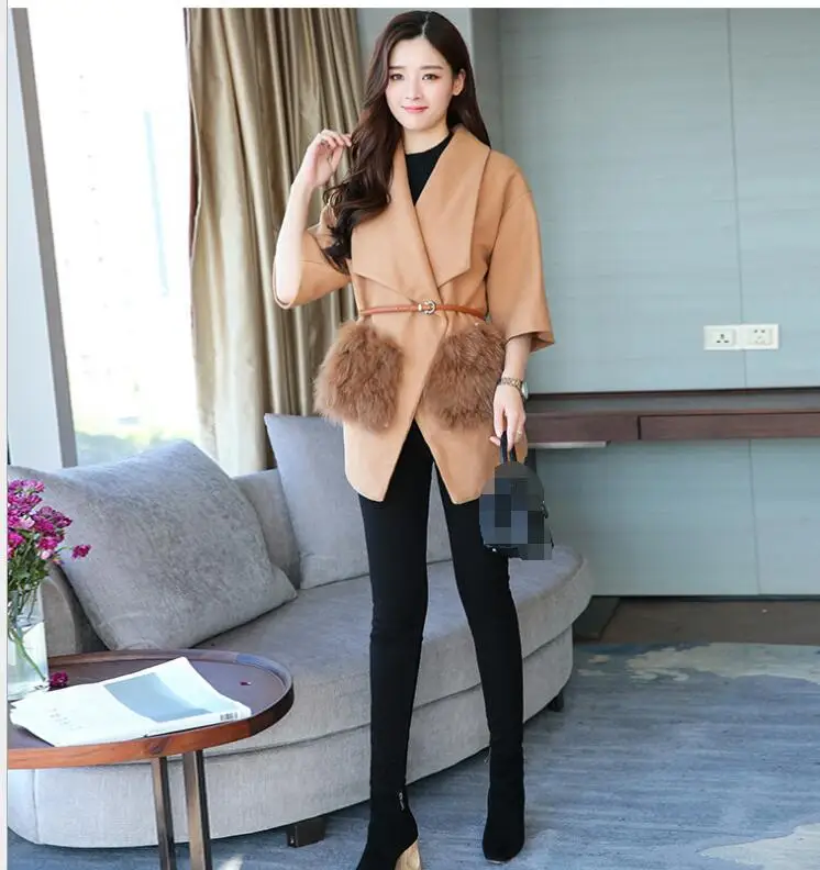 

2017 autumn and winter Korean version of the thin fox fur cloak wool fur fur thick temperament high-end coat