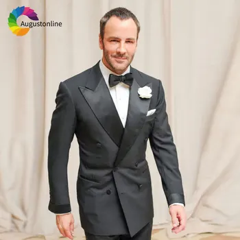 Skup Szary Klasyczny Mężczyźni Garnitury Czarny Szerokie Szczyt Lapel Dostosowane Podwójne Piersi Elegancki Mężczyzna Blazer Groom Smokingi 2 Sztuka Kostium Homme