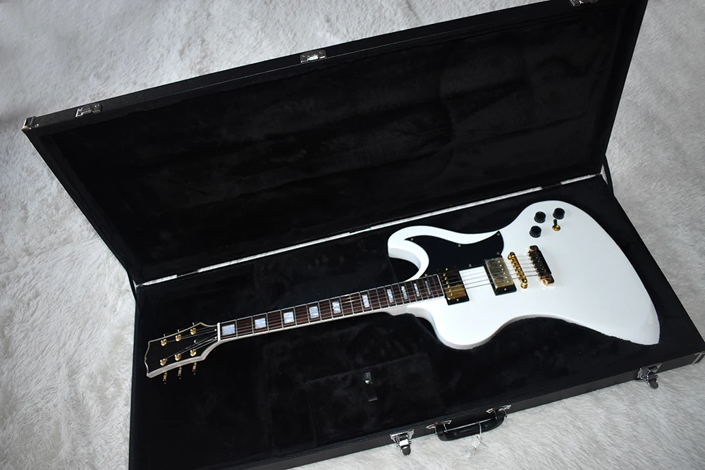 

Factory In Stock Unusual Shape White Electric Guitar with Hardcase,Black Pickguard,Gold Hardwares,White Pearl Fret Inlay