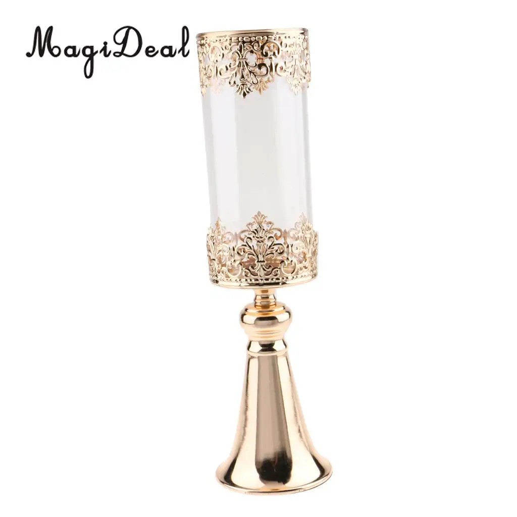 Antique Gold Metal Pedestal Candle Holder with Glass Flower Vase Crystal Draped Pillar Stand Accent Display Ornament Gift