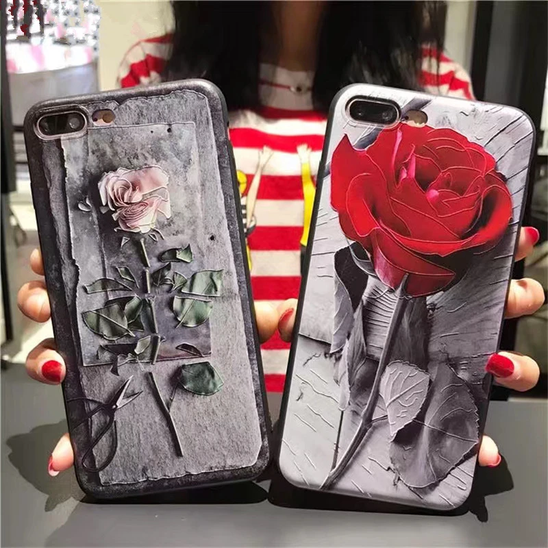 Aoweziic Fashion Luxury Floral Painted Case For iPhone 6S Plus 3D Relief Beauty Flower 7 8Plus Cases Cover Fundas Coque