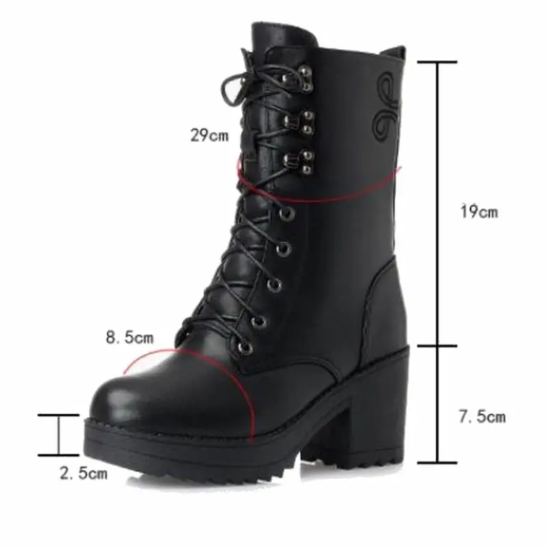 Najtaniej GKTINOO wysokie obcasy prawdziwej skóry kobiet zimowe buty grube wełniane ciepłe buty damskie koronka wysokiej jakości Up kobiece śniegowce