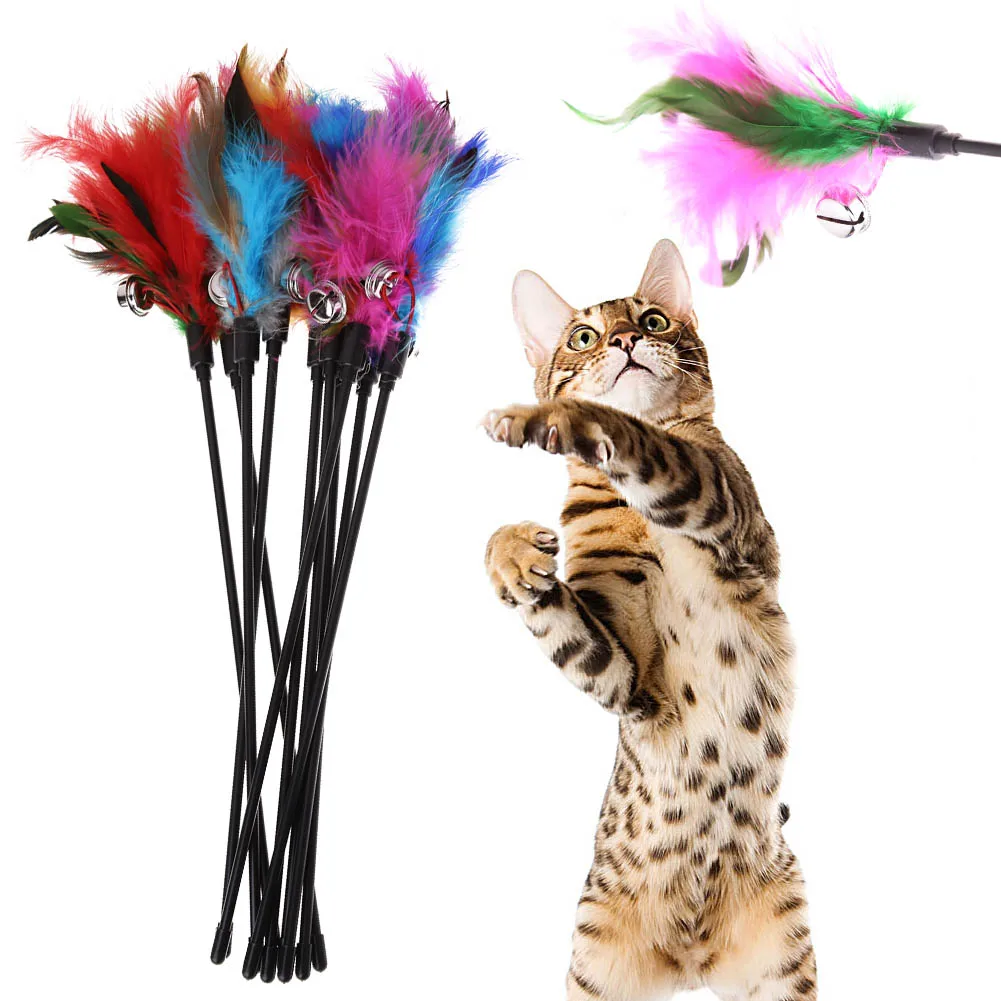 Hot 5pcs lot Pet Cat toy Cute Colorful Feather Short Rod Teaser Wand Plastic Interactive Bell
