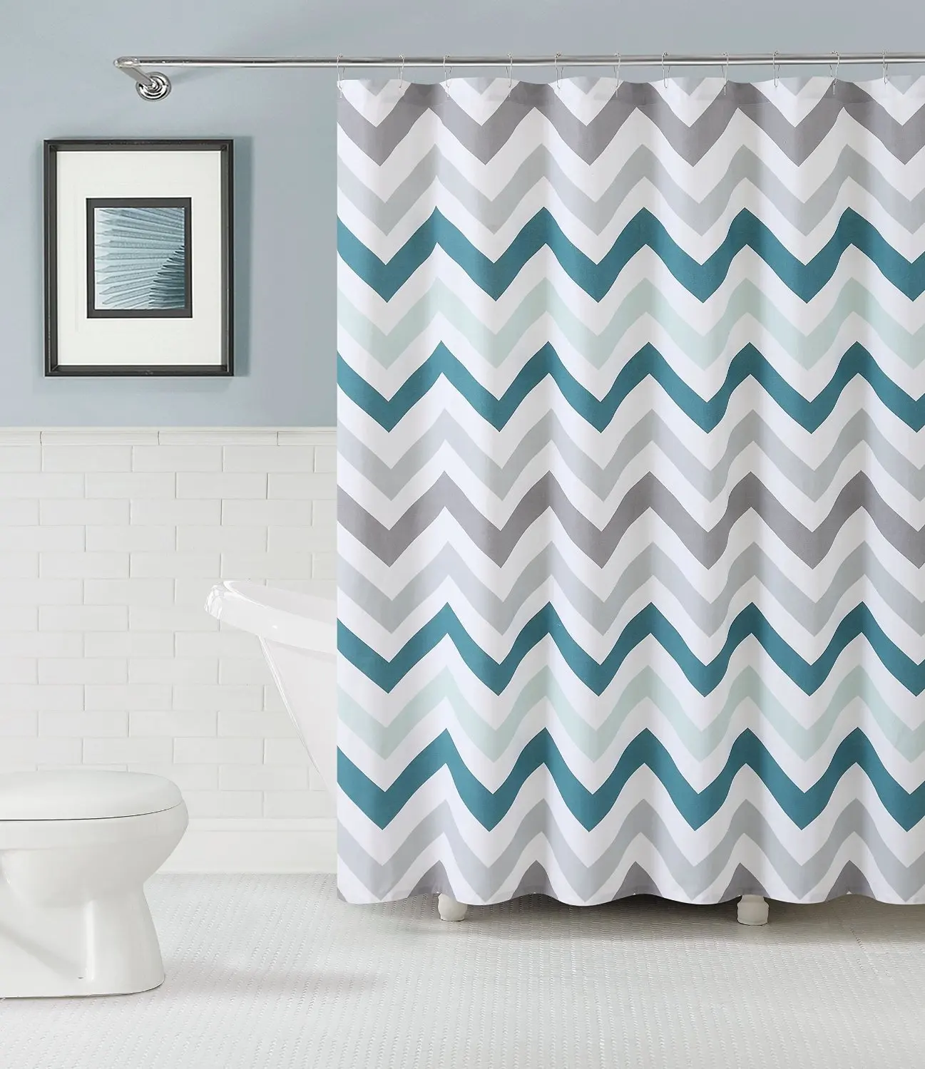 Chevron Design Fabric Shower Curtain for Bathroom Aqua Gray And White
