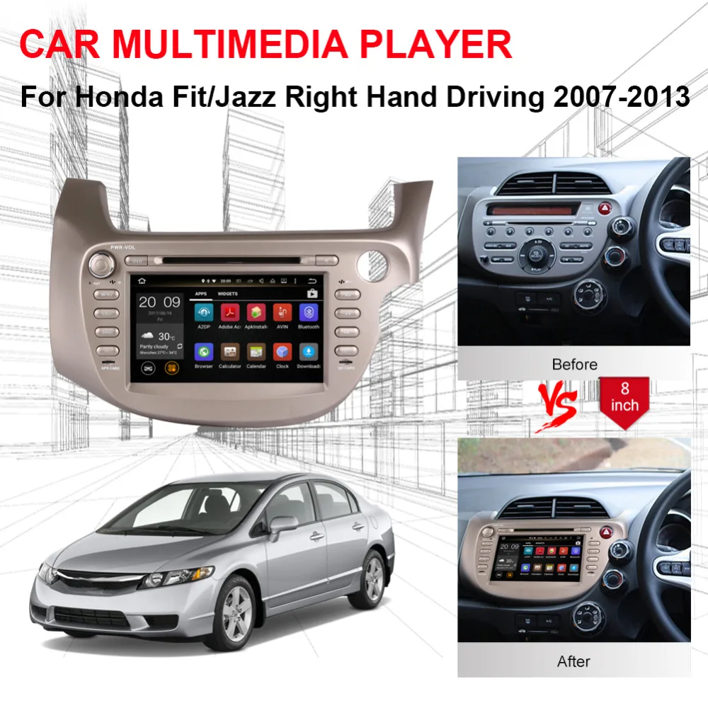 Clearance 2 Din 4GB RAM Android 8.0 Octa Core Car Auto Radio Stereo For Honda Fit/Jazz Right Hand Driving 2007-2013 GPS Navigation WIFI 1