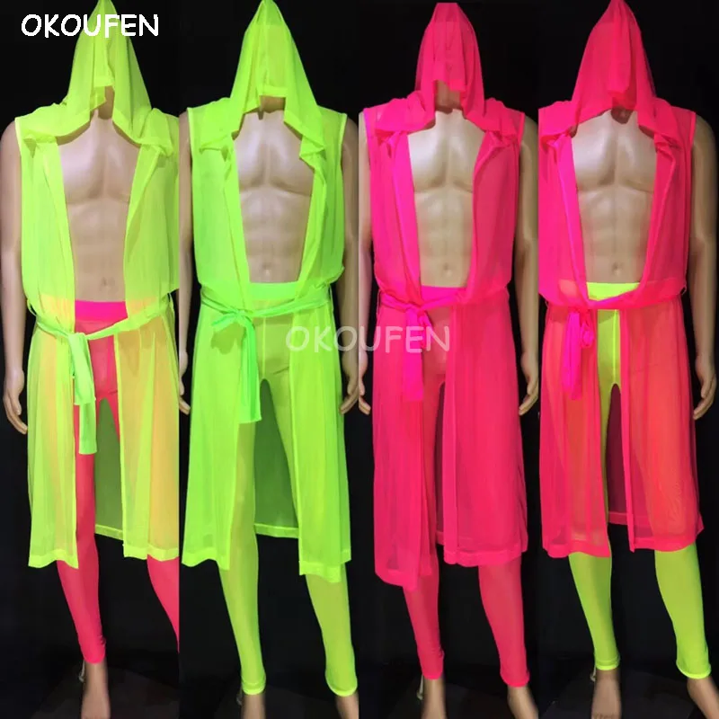 

Nightclub Bar Ds Male Singer Sexy Muscle Vest Set Fashion Fluorescent Long Openwork Tights Jacket Stage Show Dance Costumes