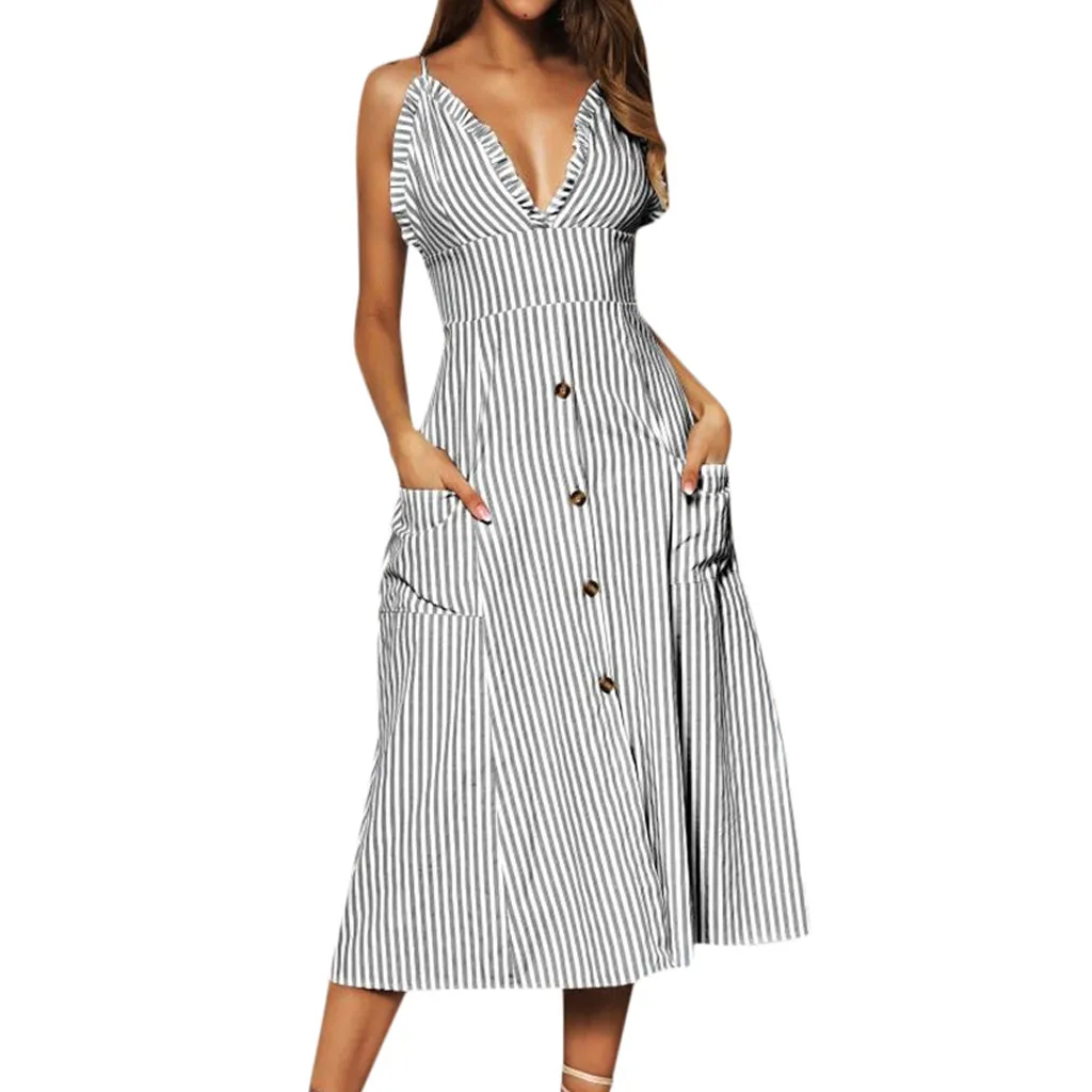 Women Summer Casual Bohemian Spaghetti Strap Button Swing Midi Dress With Pocket V-Neck Striped Print Natural Gray Dress W30418