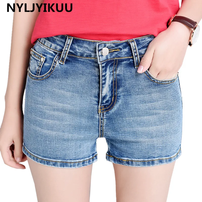 New Women Retro Elastic High Waist Shorts Feminino Denim Shorts for