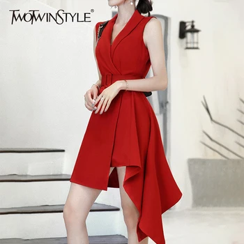 

TWOTWINSTYLE Asymmetrical Solid Dress For Women V Neck Sleeveless High Waist Sashes Elegant Mini Dresses Female 2020 Summer New