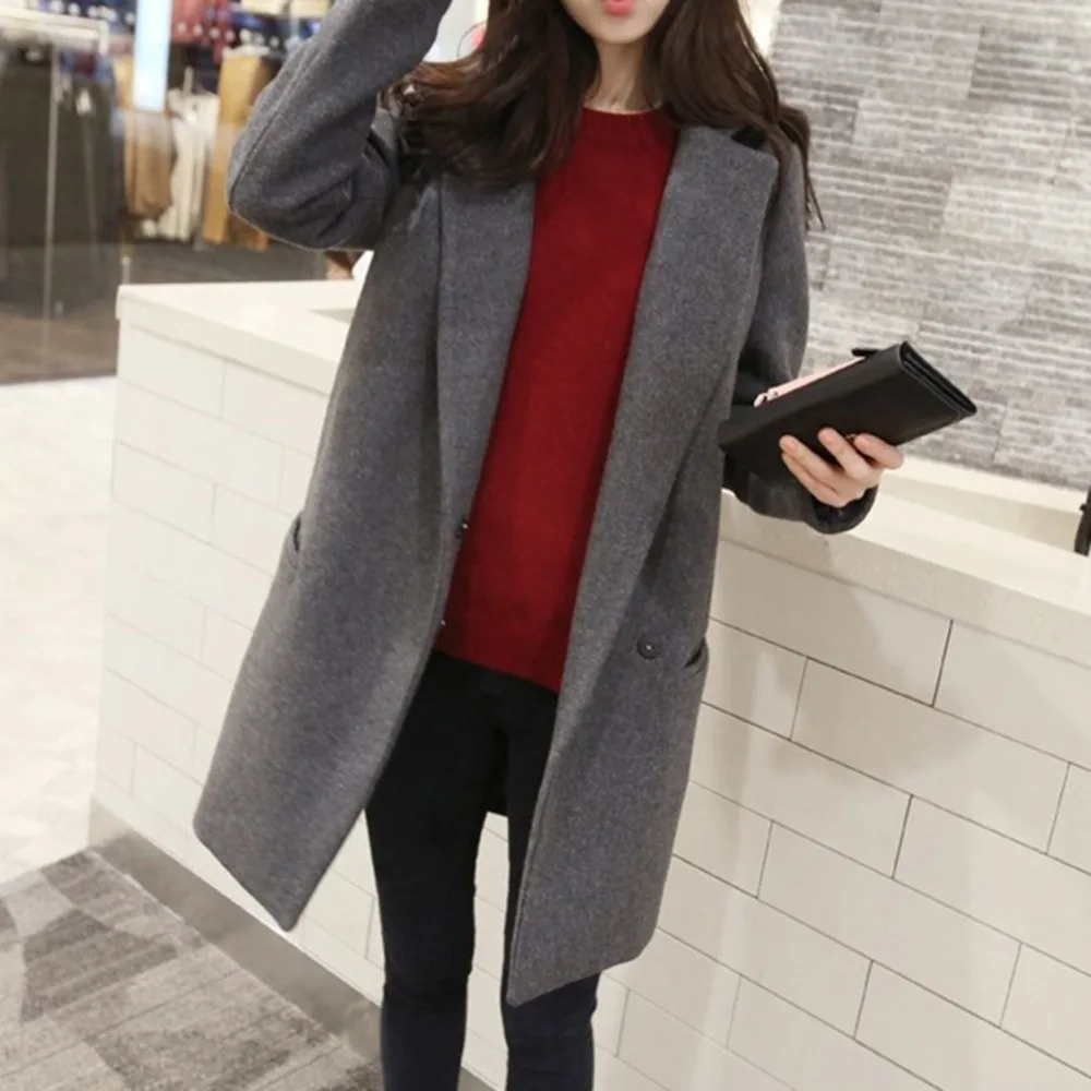 

Long-sleeved Slim Medium Length Woolen Overcoat Women Autumn Warm Coats with Tailored Collar Grey Double-breasted Cotton Topcoat