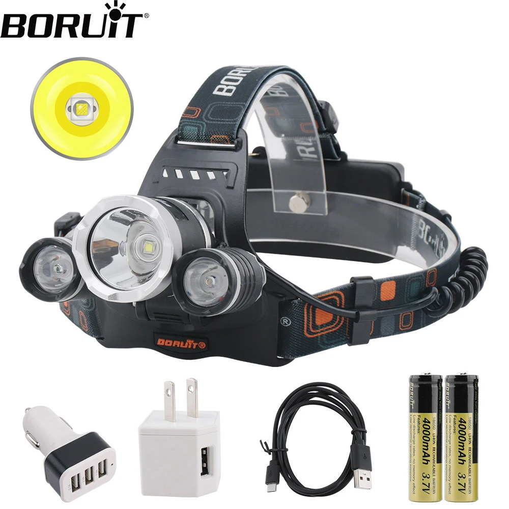 cheap BORUiT RJ 3000 XM L2 R5 LED Headlamp 18650 Battery USB Charger Headlight 4 Mode Waterproof Head Torch Camping Fishing Flashlight