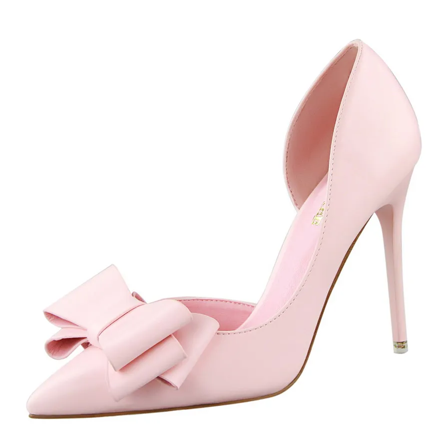 Women high heels 2019 new pink sweet Butterfly-knot shoes thin heels party pumps poninted toe shallow PU leather fashion shoe Women high heels 2019 new pink sweet Butterfly-knot shoes thin heels party pumps poninted toe shallow PU leather fashion shoe