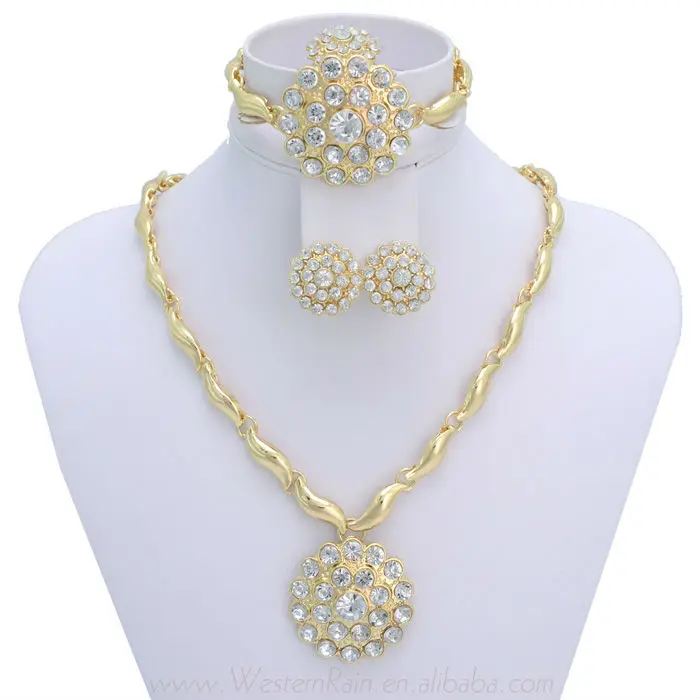 Gold Plated Flower Fancy Crystal Jewelry , Bridal Fashion Jewelry Set